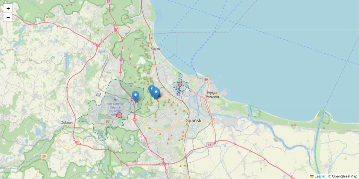Szczegółowa mapa kodu pocztowego 80-416 z granicami, sąsiednimi kodami pocztowymi i urzędami pocztowymi