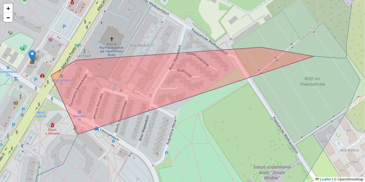 Szczegółowa mapa kodu pocztowego 80-450 z granicami, sąsiednimi kodami pocztowymi i urzędami pocztowymi