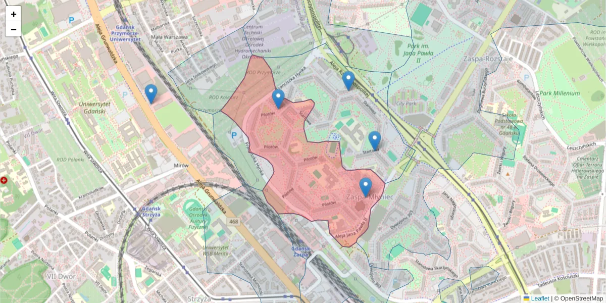 Szczegółowa mapa kodu pocztowego 80-460 z granicami, sąsiednimi kodami pocztowymi i urzędami pocztowymi