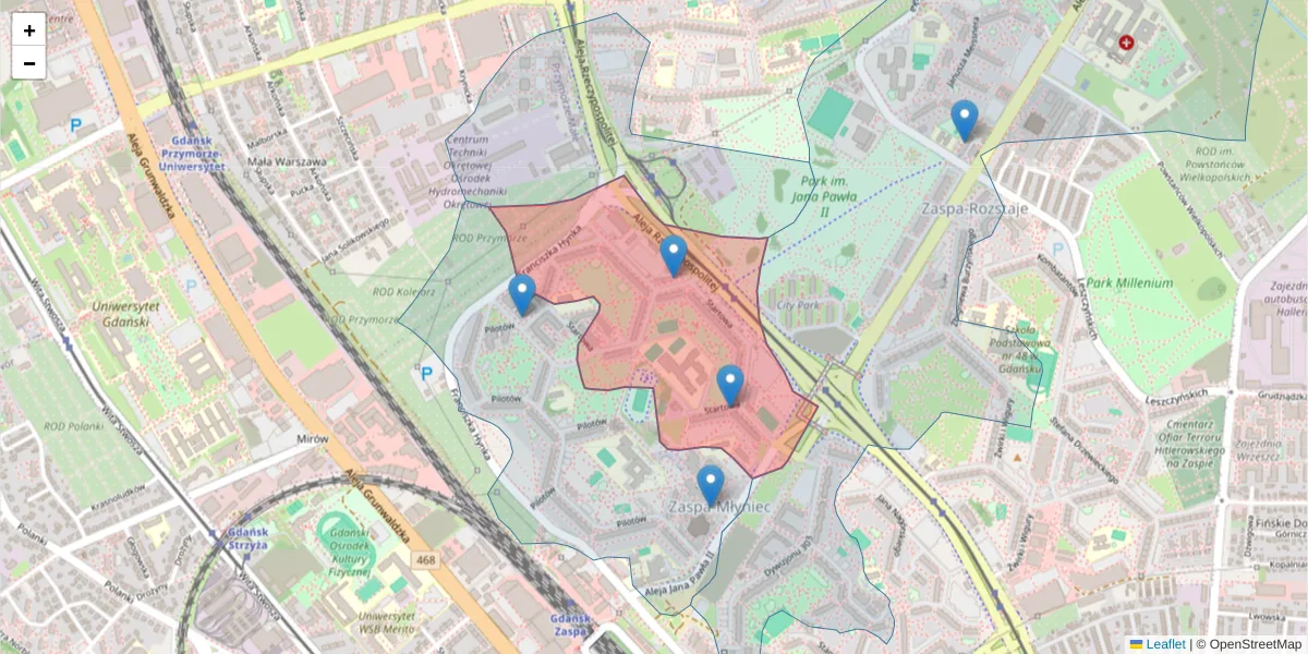 Szczegółowa mapa kodu pocztowego 80-461 z granicami, sąsiednimi kodami pocztowymi i urzędami pocztowymi