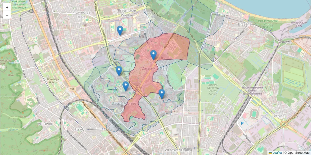 Szczegółowa mapa kodu pocztowego 80-462 z granicami, sąsiednimi kodami pocztowymi i urzędami pocztowymi