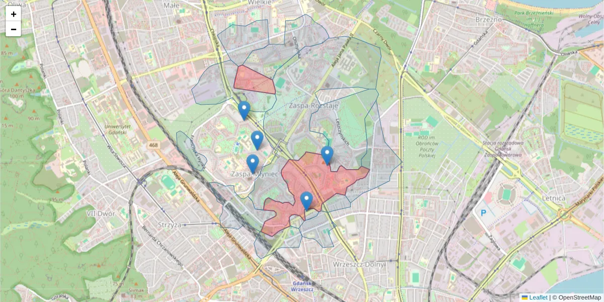 Szczegółowa mapa kodu pocztowego 80-463 z granicami, sąsiednimi kodami pocztowymi i urzędami pocztowymi