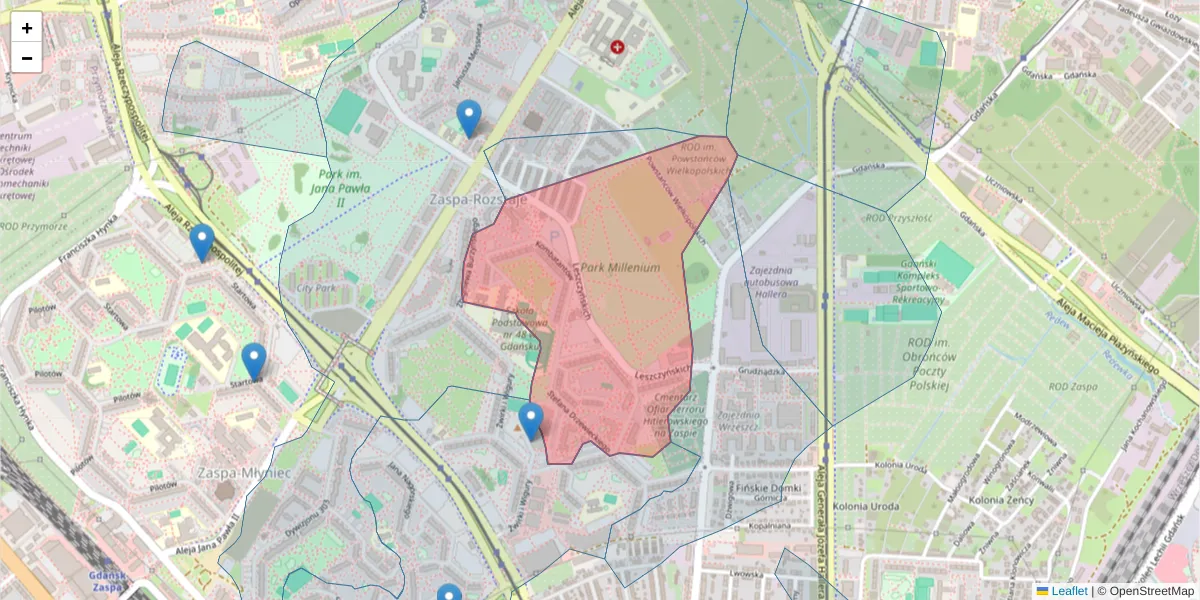 Szczegółowa mapa kodu pocztowego 80-464 z granicami, sąsiednimi kodami pocztowymi i urzędami pocztowymi