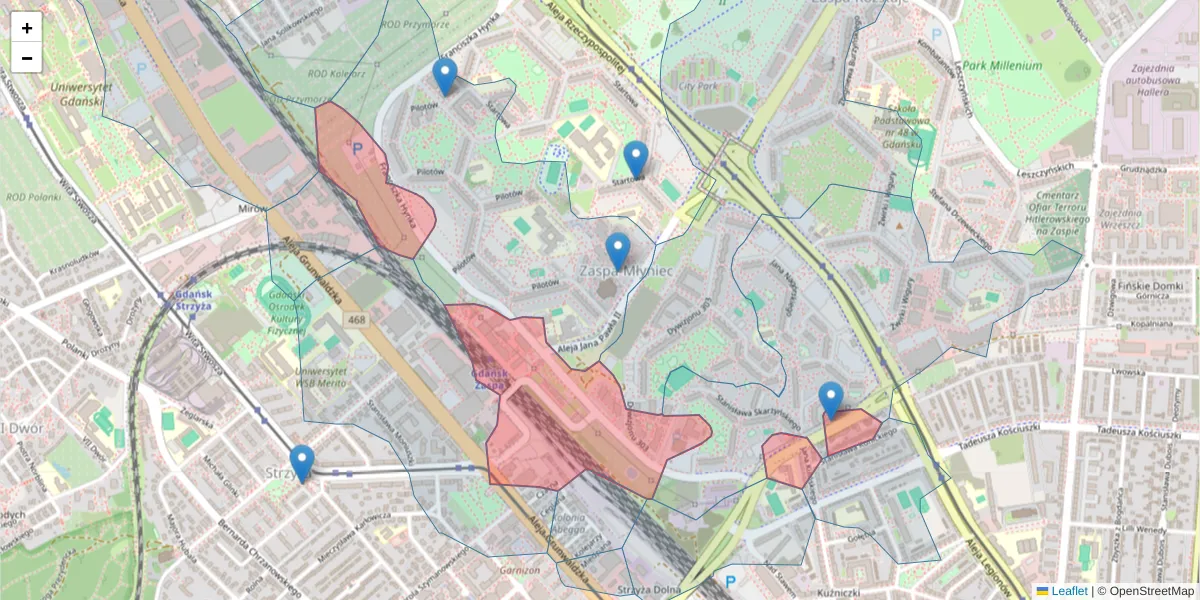 Szczegółowa mapa kodu pocztowego 80-465 z granicami, sąsiednimi kodami pocztowymi i urzędami pocztowymi