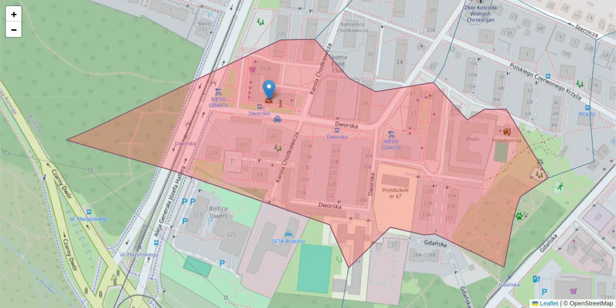 Szczegółowa mapa kodu pocztowego 80-506 z granicami, sąsiednimi kodami pocztowymi i urzędami pocztowymi