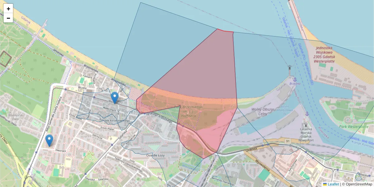 Szczegółowa mapa kodu pocztowego 80-515 z granicami, sąsiednimi kodami pocztowymi i urzędami pocztowymi