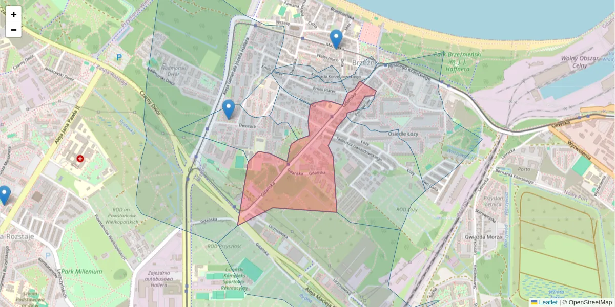 Szczegółowa mapa kodu pocztowego 80-518 z granicami, sąsiednimi kodami pocztowymi i urzędami pocztowymi