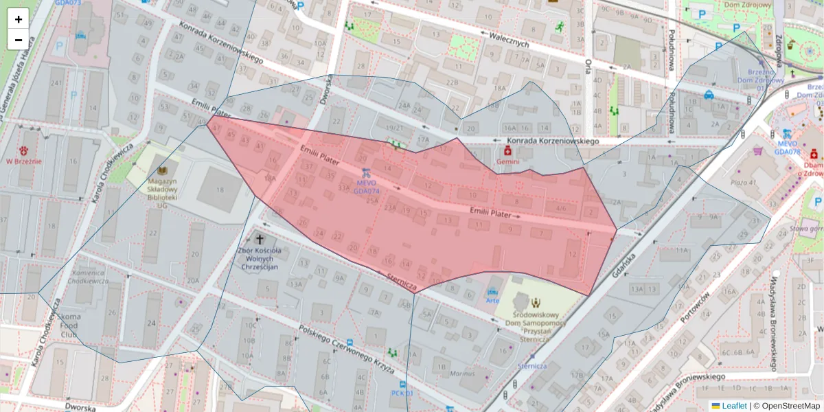 Szczegółowa mapa kodu pocztowego 80-522 z granicami, sąsiednimi kodami pocztowymi i urzędami pocztowymi