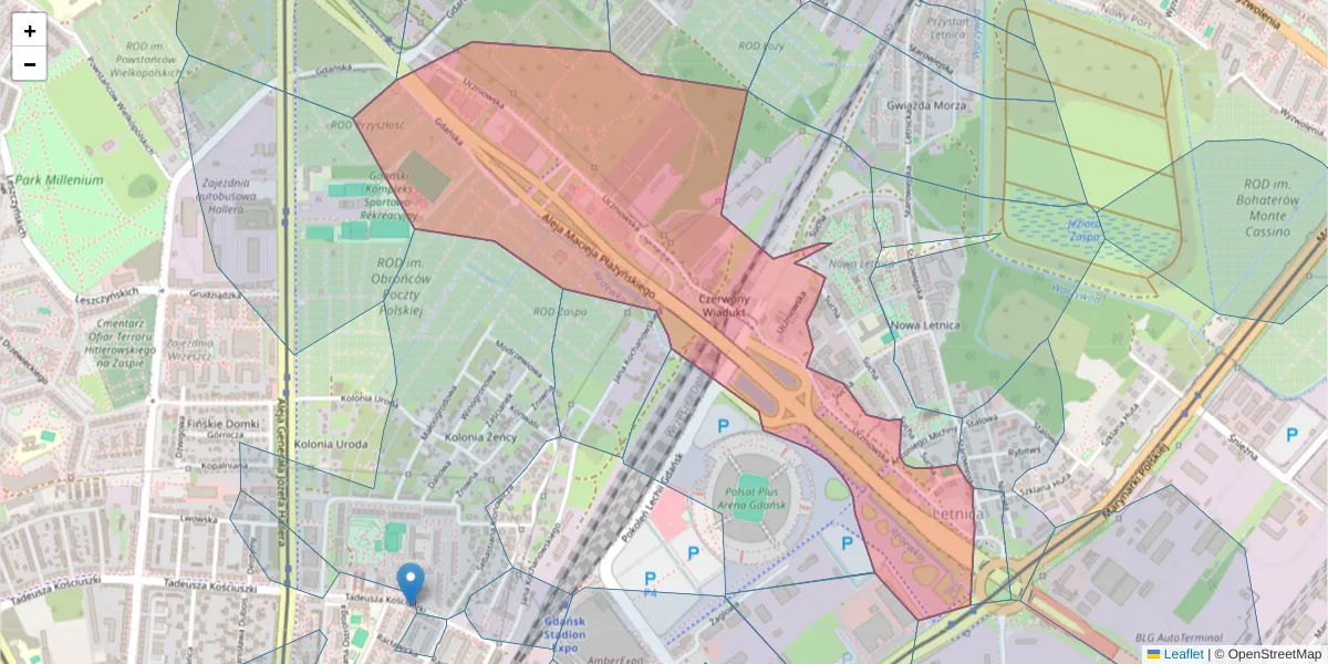 Szczegółowa mapa kodu pocztowego 80-530 z granicami, sąsiednimi kodami pocztowymi i urzędami pocztowymi
