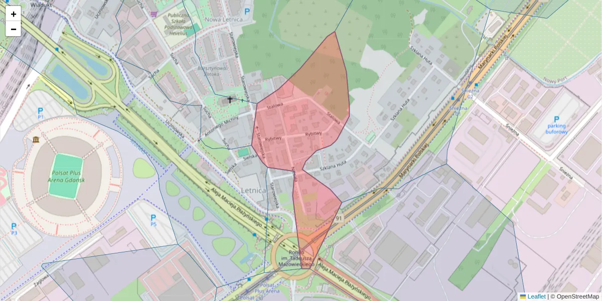 Szczegółowa mapa kodu pocztowego 80-532 z granicami, sąsiednimi kodami pocztowymi i urzędami pocztowymi