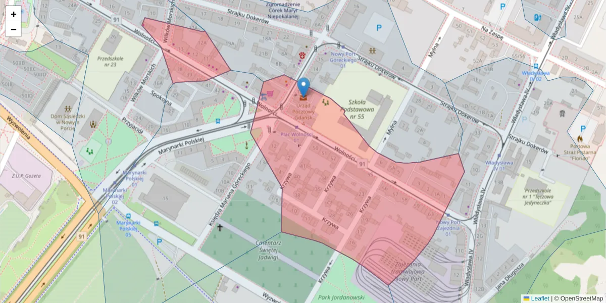 Szczegółowa mapa kodu pocztowego 80-538 z granicami, sąsiednimi kodami pocztowymi i urzędami pocztowymi