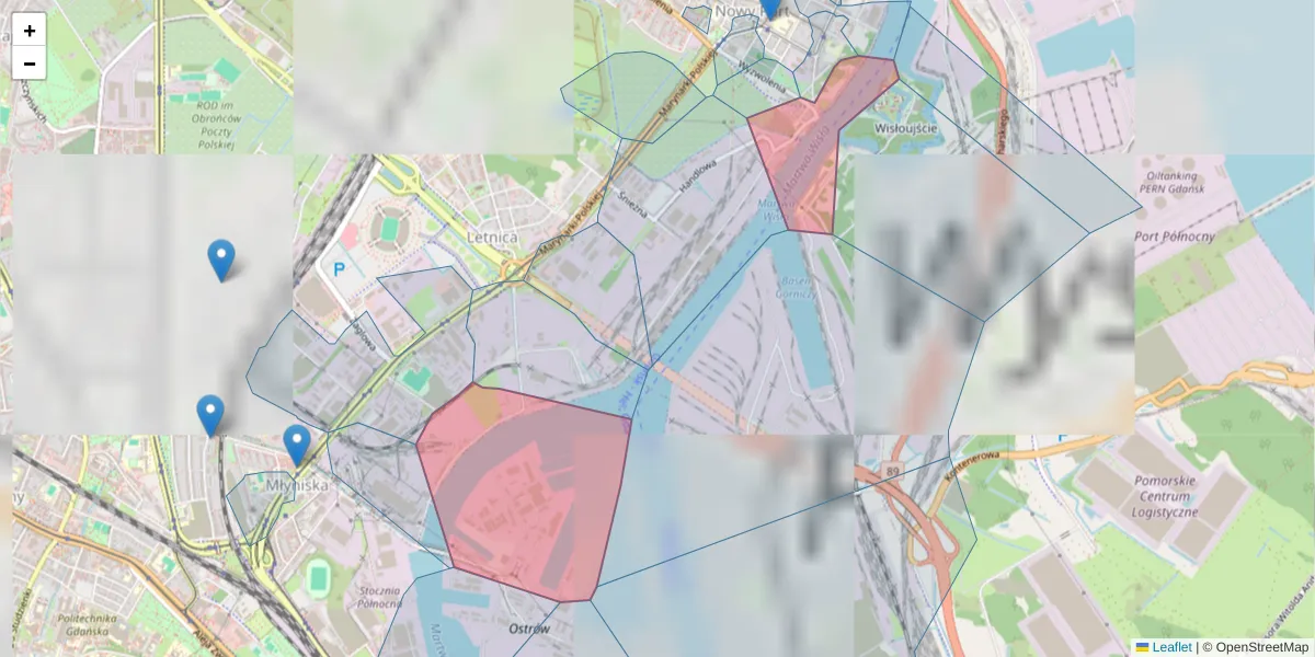 Szczegółowa mapa kodu pocztowego 80-555 z granicami, sąsiednimi kodami pocztowymi i urzędami pocztowymi