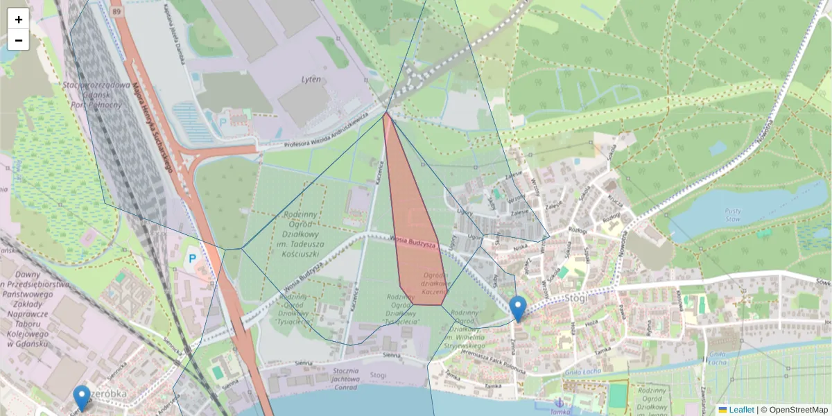 Szczegółowa mapa kodu pocztowego 80-612 z granicami, sąsiednimi kodami pocztowymi i urzędami pocztowymi