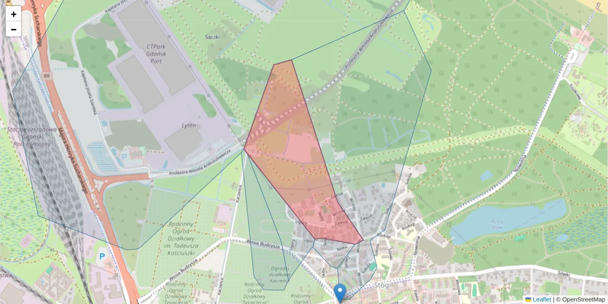 Szczegółowa mapa kodu pocztowego 80-665 z granicami, sąsiednimi kodami pocztowymi i urzędami pocztowymi