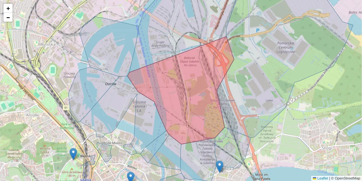 Szczegółowa mapa kodu pocztowego 80-701 z granicami, sąsiednimi kodami pocztowymi i urzędami pocztowymi