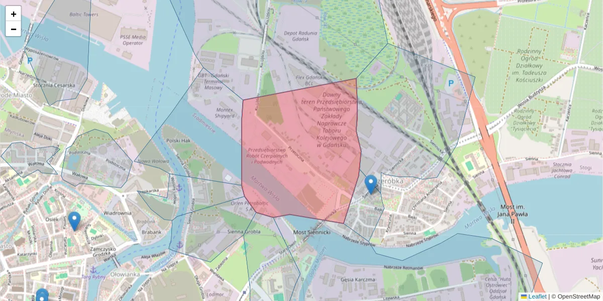Szczegółowa mapa kodu pocztowego 80-702 z granicami, sąsiednimi kodami pocztowymi i urzędami pocztowymi