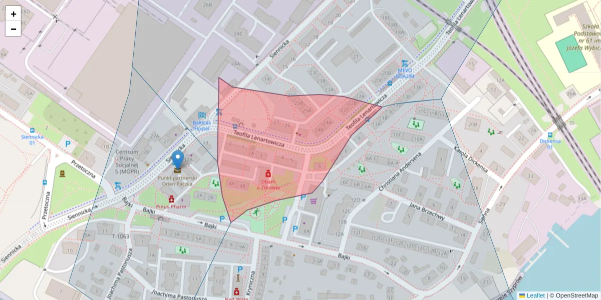 Szczegółowa mapa kodu pocztowego 80-704 z granicami, sąsiednimi kodami pocztowymi i urzędami pocztowymi