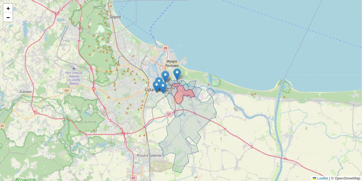 Szczegółowa mapa kodu pocztowego 80-718 z granicami, sąsiednimi kodami pocztowymi i urzędami pocztowymi