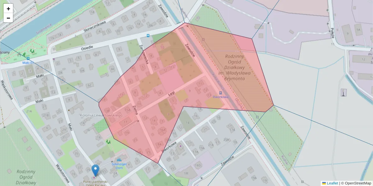 Szczegółowa mapa kodu pocztowego 80-727 z granicami, sąsiednimi kodami pocztowymi i urzędami pocztowymi