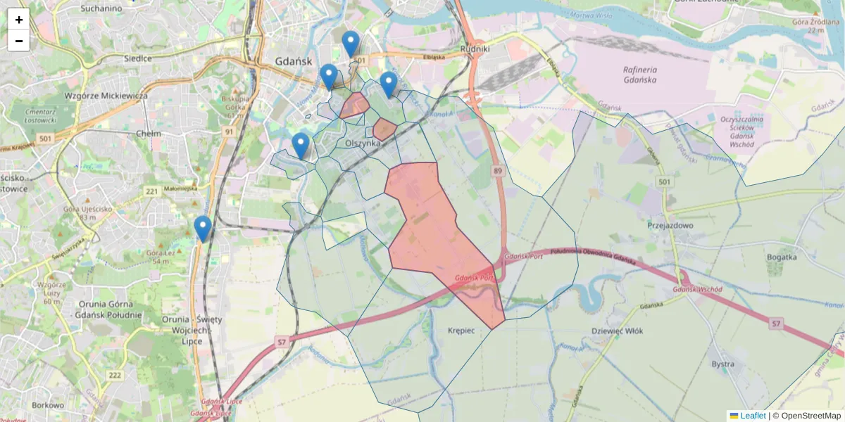 Szczegółowa mapa kodu pocztowego 80-736 z granicami, sąsiednimi kodami pocztowymi i urzędami pocztowymi