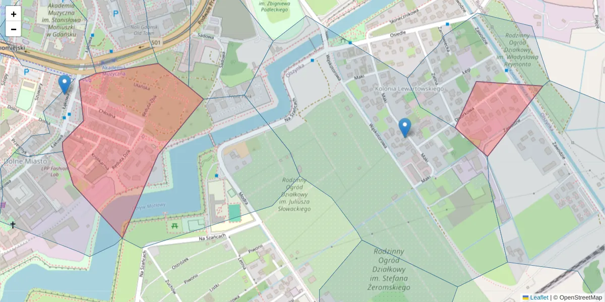 Szczegółowa mapa kodu pocztowego 80-744 z granicami, sąsiednimi kodami pocztowymi i urzędami pocztowymi