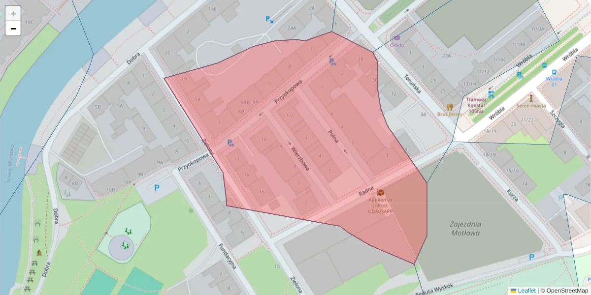 Szczegółowa mapa kodu pocztowego 80-768 z granicami, sąsiednimi kodami pocztowymi i urzędami pocztowymi