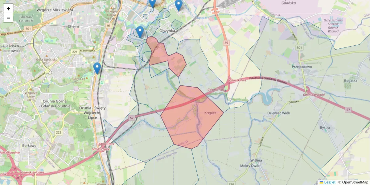 Szczegółowa mapa kodu pocztowego 80-777 z granicami, sąsiednimi kodami pocztowymi i urzędami pocztowymi