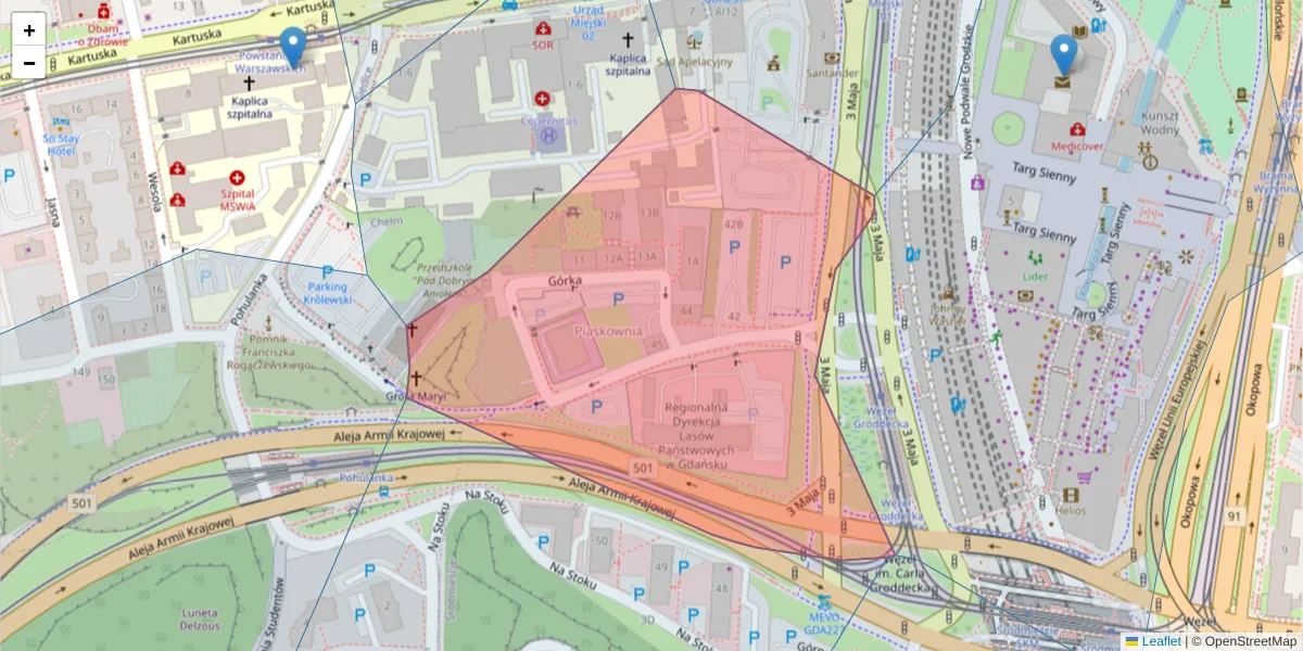 Szczegółowa mapa kodu pocztowego 80-804 z granicami, sąsiednimi kodami pocztowymi i urzędami pocztowymi