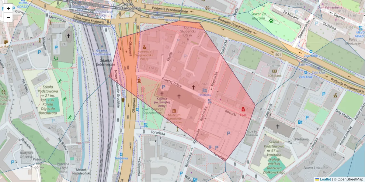 Szczegółowa mapa kodu pocztowego 80-822 z granicami, sąsiednimi kodami pocztowymi i urzędami pocztowymi