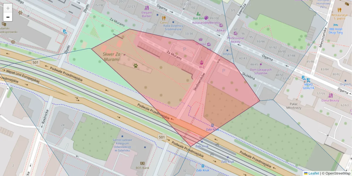 Szczegółowa mapa kodu pocztowego 80-823 z granicami, sąsiednimi kodami pocztowymi i urzędami pocztowymi