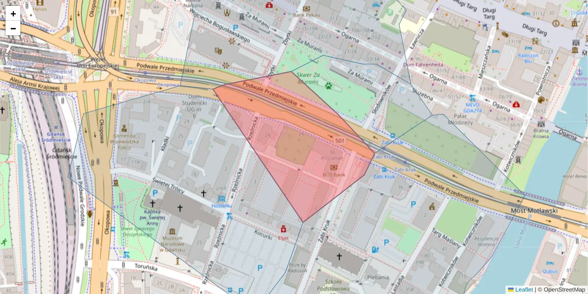 Szczegółowa mapa kodu pocztowego 80-824 z granicami, sąsiednimi kodami pocztowymi i urzędami pocztowymi