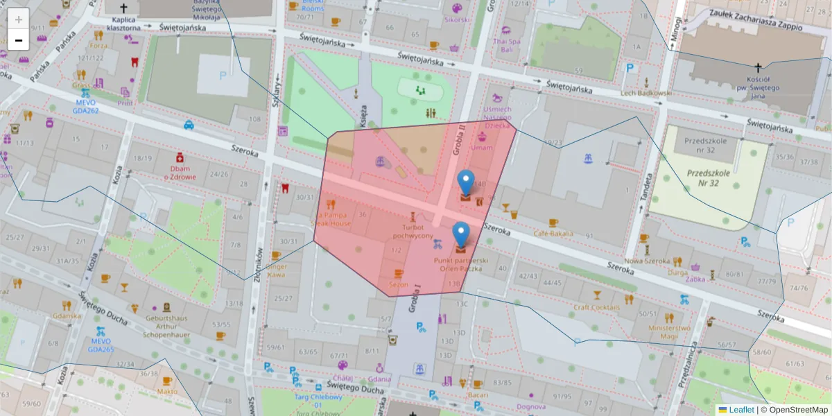 Szczegółowa mapa kodu pocztowego 80-825 z granicami, sąsiednimi kodami pocztowymi i urzędami pocztowymi