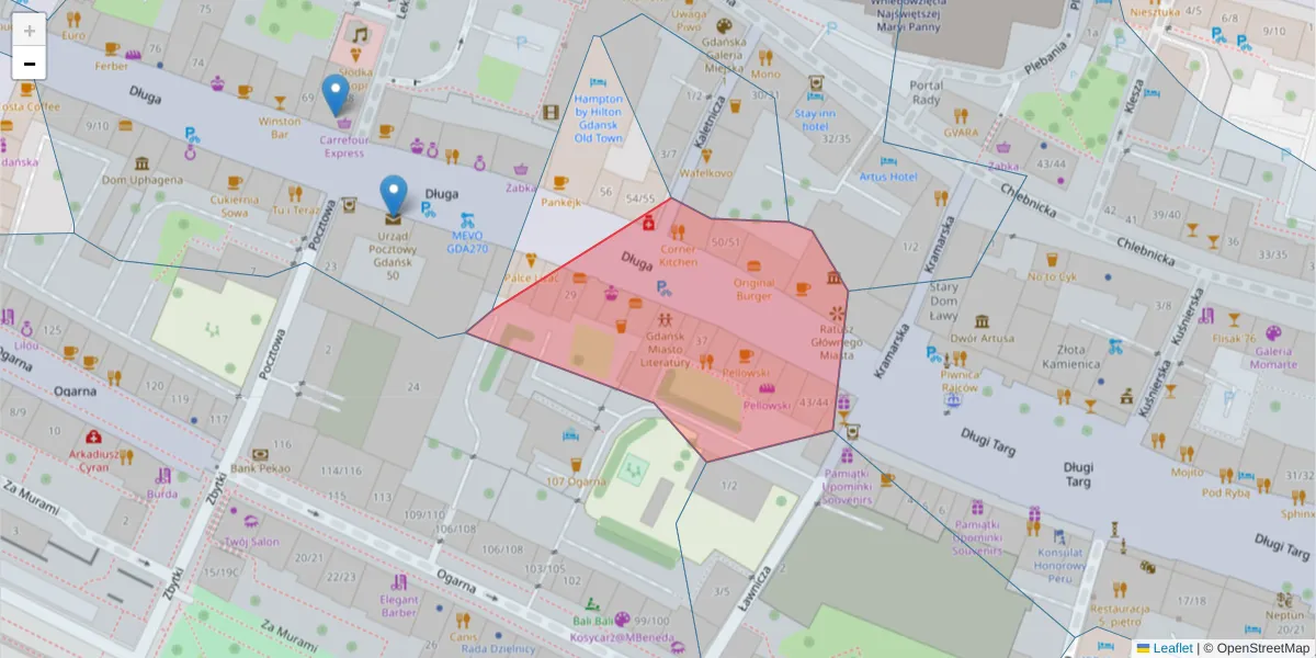 Szczegółowa mapa kodu pocztowego 80-827 z granicami, sąsiednimi kodami pocztowymi i urzędami pocztowymi