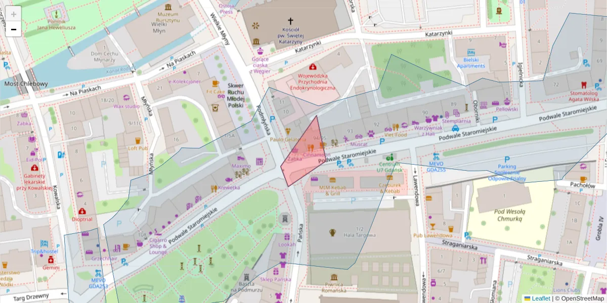 Szczegółowa mapa kodu pocztowego 80-845 z granicami, sąsiednimi kodami pocztowymi i urzędami pocztowymi