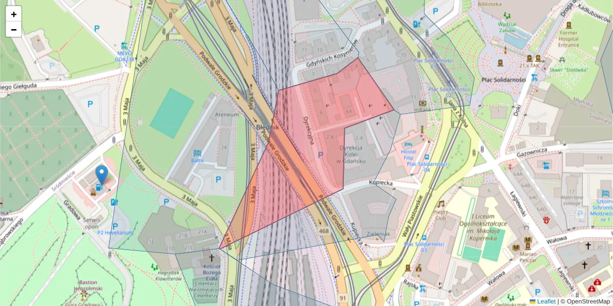 Szczegółowa mapa kodu pocztowego 80-852 z granicami, sąsiednimi kodami pocztowymi i urzędami pocztowymi