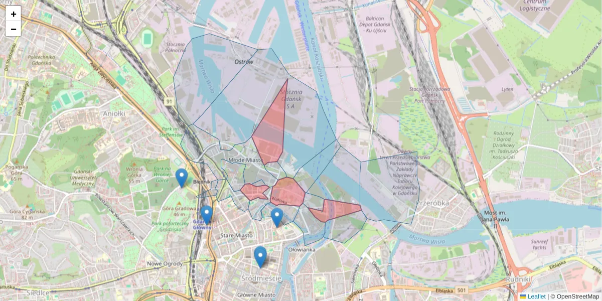 Szczegółowa mapa kodu pocztowego 80-858 z granicami, sąsiednimi kodami pocztowymi i urzędami pocztowymi