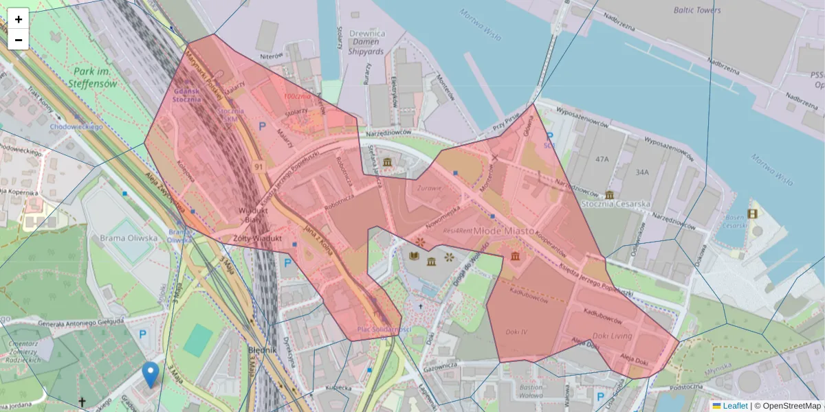 Szczegółowa mapa kodu pocztowego 80-864 z granicami, sąsiednimi kodami pocztowymi i urzędami pocztowymi