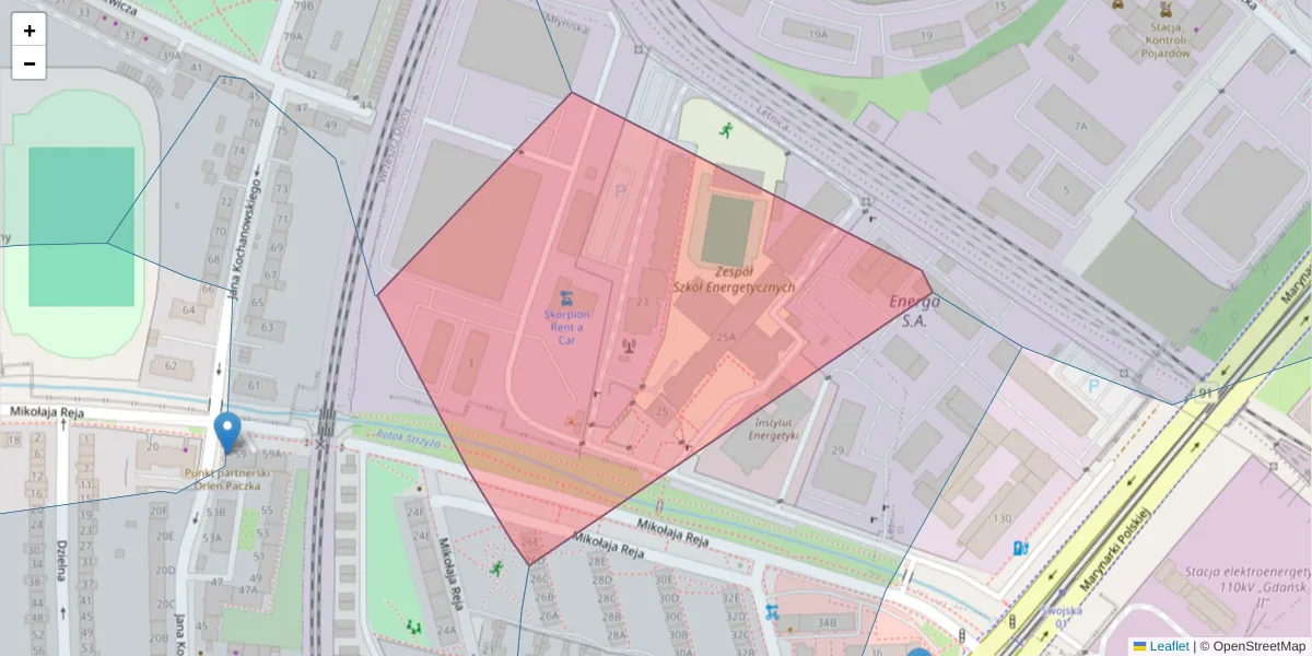 Szczegółowa mapa kodu pocztowego 80-870 z granicami, sąsiednimi kodami pocztowymi i urzędami pocztowymi