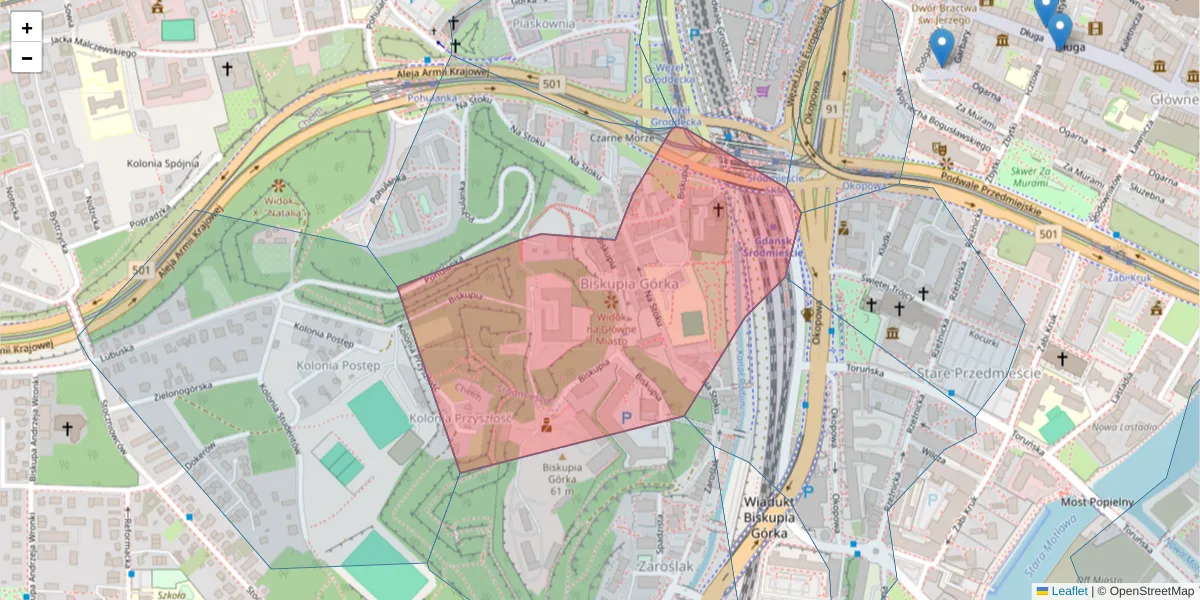 Szczegółowa mapa kodu pocztowego 80-875 z granicami, sąsiednimi kodami pocztowymi i urzędami pocztowymi
