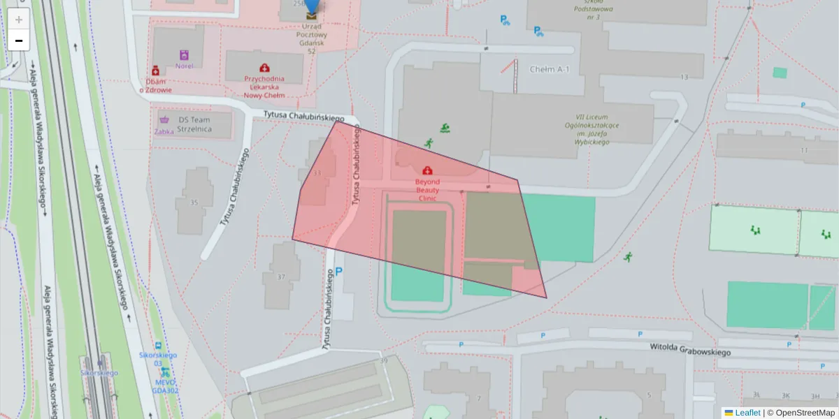 Szczegółowa mapa kodu pocztowego 80-876 z granicami, sąsiednimi kodami pocztowymi i urzędami pocztowymi