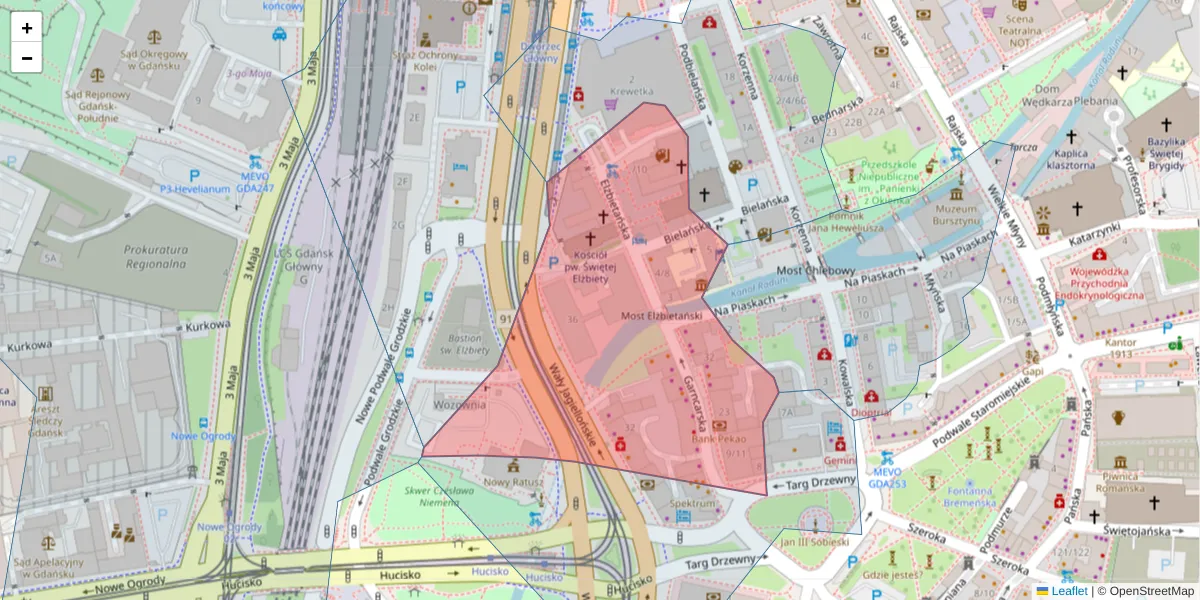 Szczegółowa mapa kodu pocztowego 80-894 z granicami, sąsiednimi kodami pocztowymi i urzędami pocztowymi