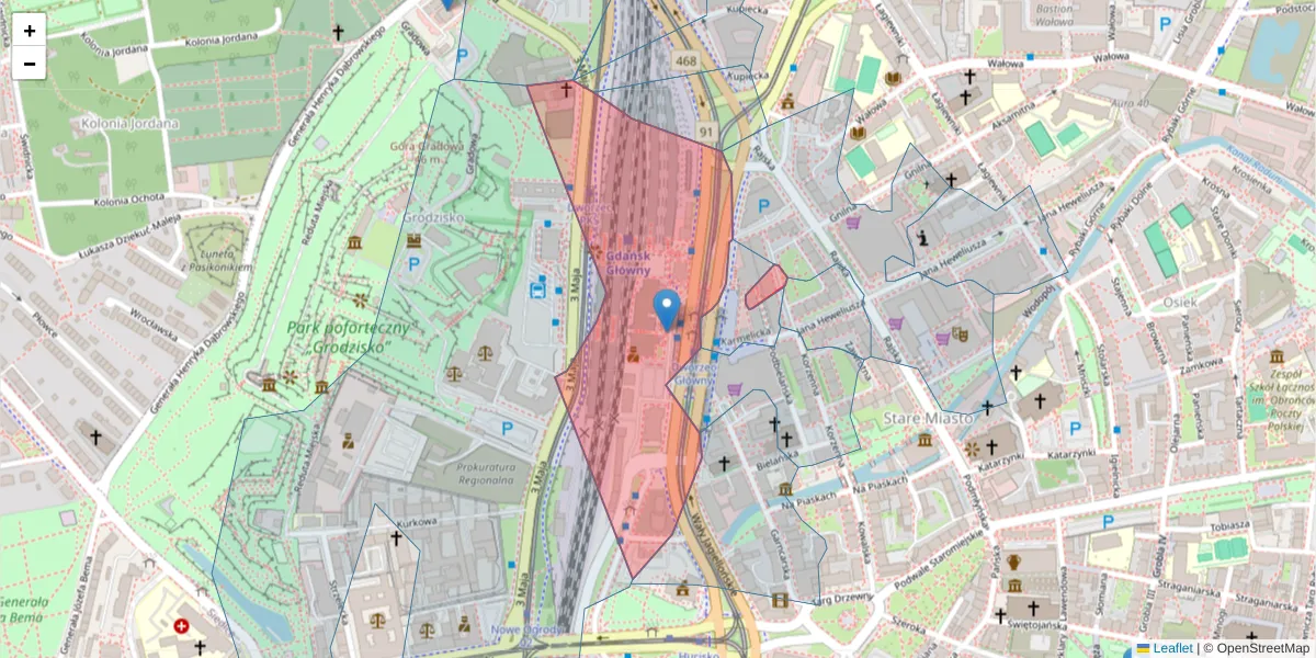 Szczegółowa mapa kodu pocztowego 80-895 z granicami, sąsiednimi kodami pocztowymi i urzędami pocztowymi