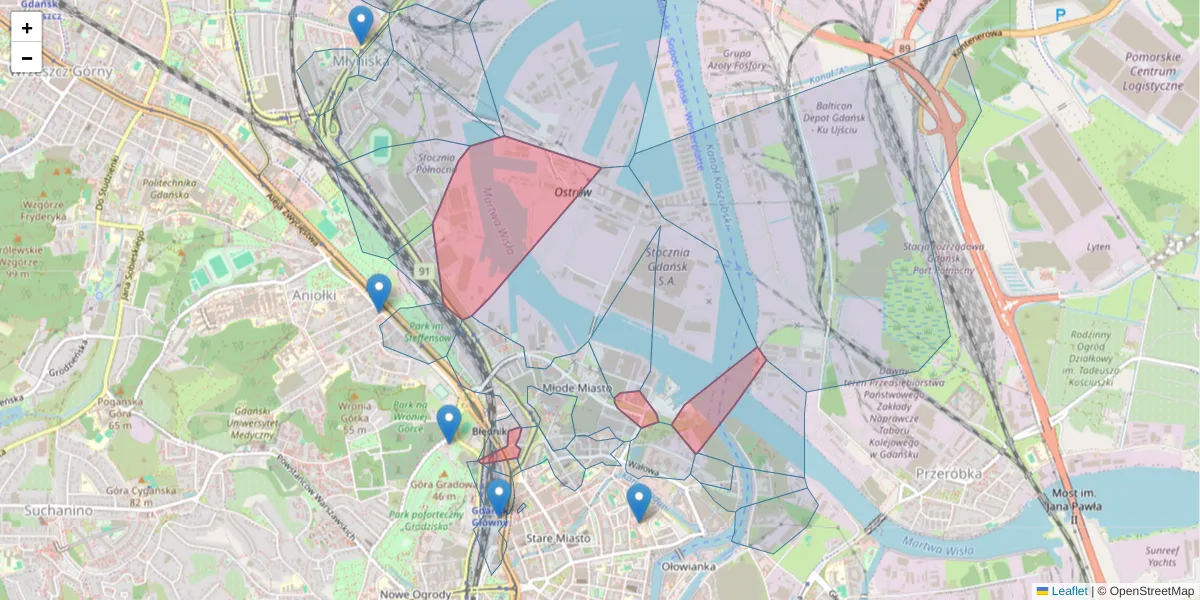 Szczegółowa mapa kodu pocztowego 80-958 z granicami, sąsiednimi kodami pocztowymi i urzędami pocztowymi