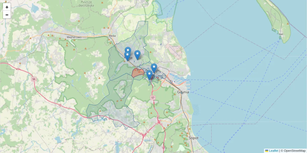 Szczegółowa mapa kodu pocztowego 81-002 z granicami, sąsiednimi kodami pocztowymi i urzędami pocztowymi