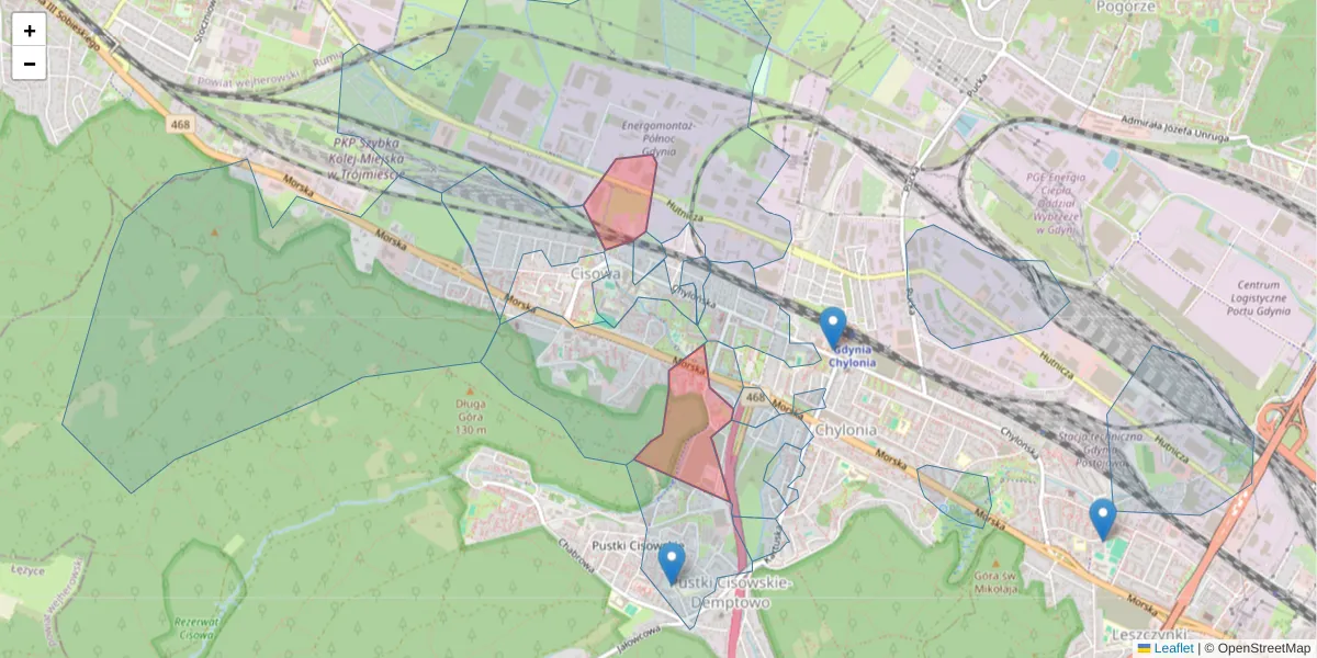 Szczegółowa mapa kodu pocztowego 81-005 z granicami, sąsiednimi kodami pocztowymi i urzędami pocztowymi