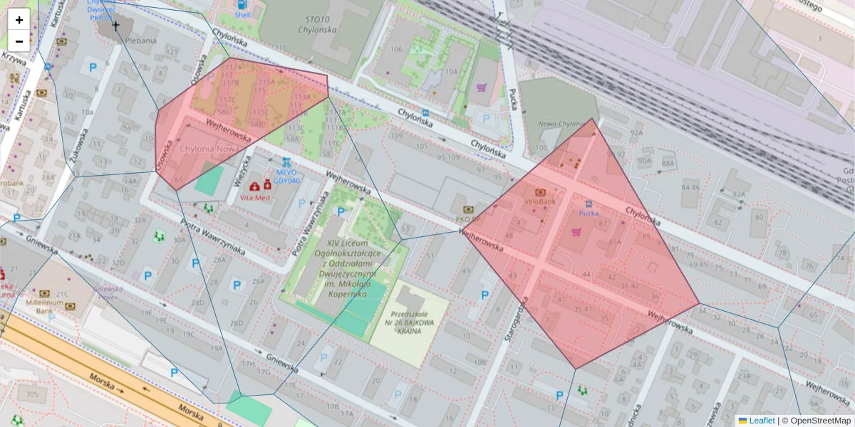 Szczegółowa mapa kodu pocztowego 81-042 z granicami, sąsiednimi kodami pocztowymi i urzędami pocztowymi