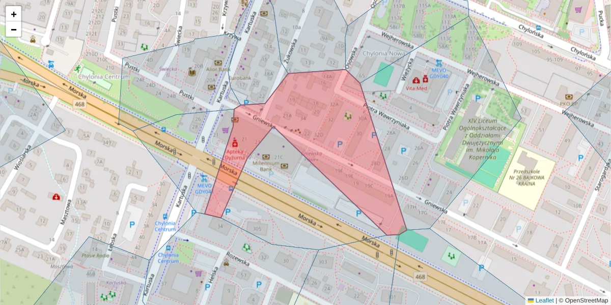 Szczegółowa mapa kodu pocztowego 81-047 z granicami, sąsiednimi kodami pocztowymi i urzędami pocztowymi