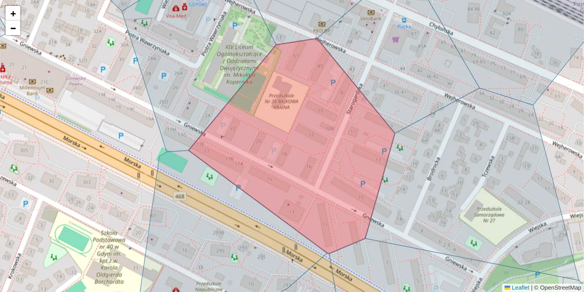 Szczegółowa mapa kodu pocztowego 81-050 z granicami, sąsiednimi kodami pocztowymi i urzędami pocztowymi