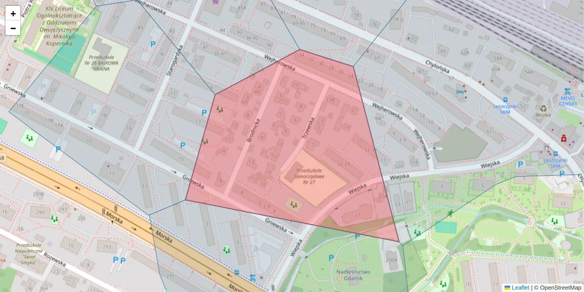 Szczegółowa mapa kodu pocztowego 81-052 z granicami, sąsiednimi kodami pocztowymi i urzędami pocztowymi