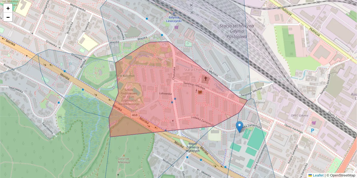 Szczegółowa mapa kodu pocztowego 81-064 z granicami, sąsiednimi kodami pocztowymi i urzędami pocztowymi